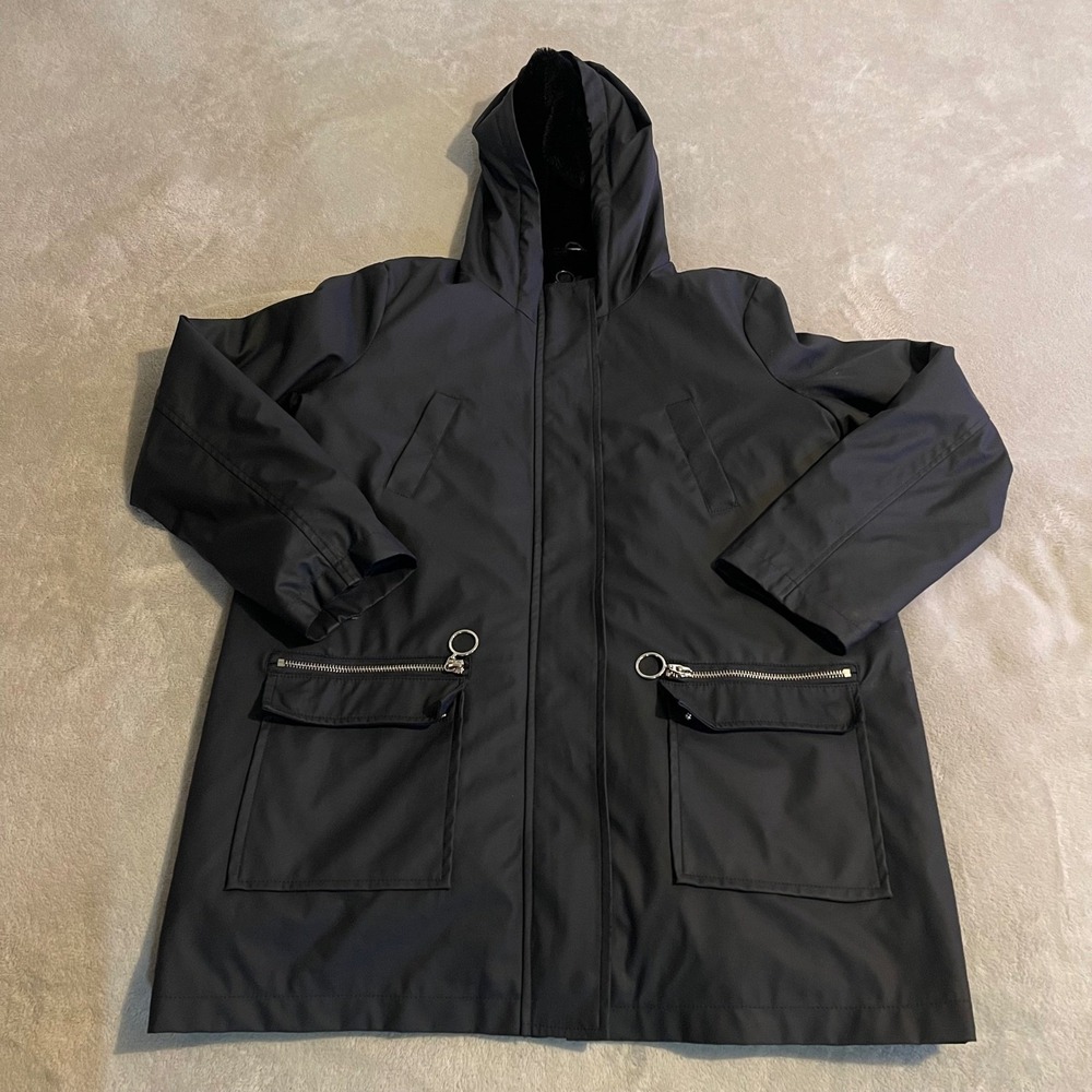 Dorothy Perkins Black Faux Fur Lined Hooded Raincoat Parka Jacket Womens US 8